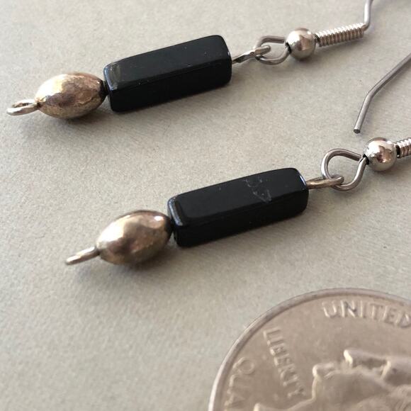 Black Onyx Hook Earrings Silver Tone Handmade Gift Boho Gemstone - Picture 5 of 5